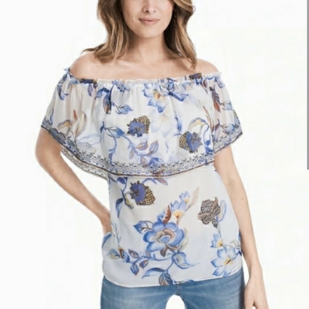 White House Black Market Flutter Sleeve Ruffled Blouse in Blue and Gray